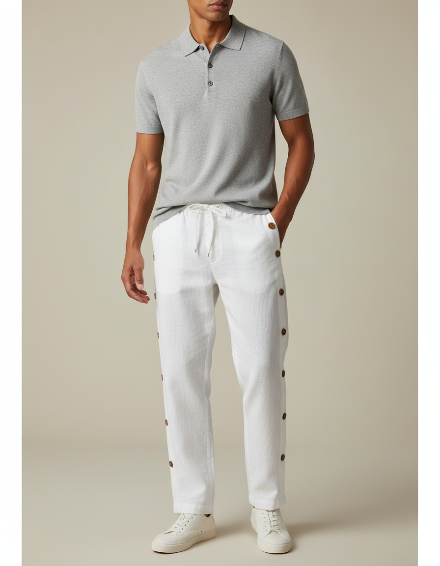 Pantalon Chino Blanc Lin Ample Boutons Décontracté Homme