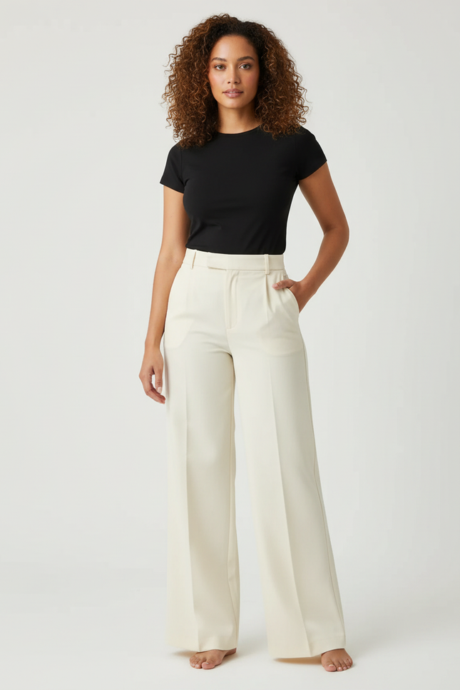 Pantalon Chino Écru Taille Haute Large Élégant - Beige Gabardine