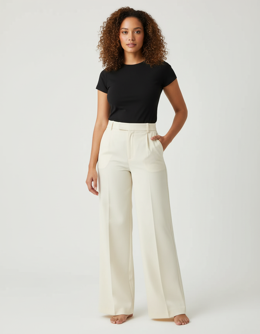 Pantalon Chino Écru Taille Haute Large Élégant - Beige Gabardine
