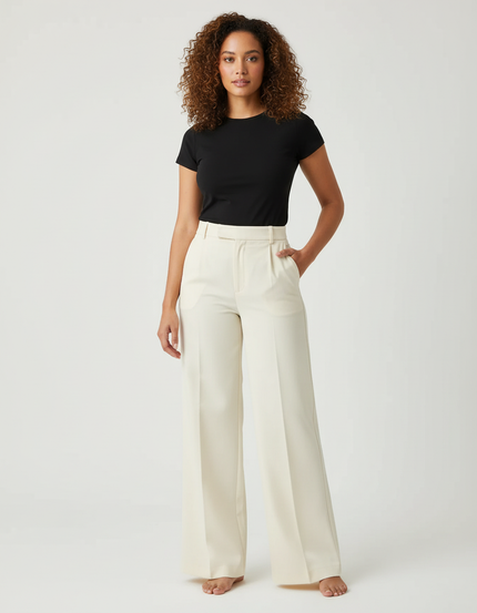 Pantalon Chino Écru Taille Haute Large Élégant - Beige Gabardine