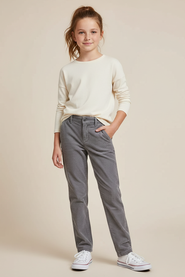Pantalon Chino Gris Côtelé Droit Enfant Confortable - Cordé