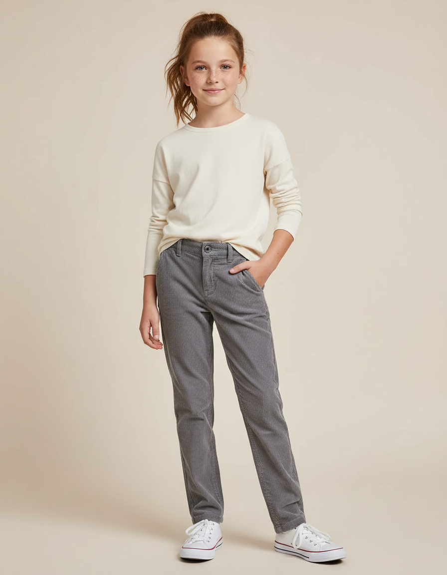 Pantalon Chino Gris Côtelé Droit Enfant Confortable - Cordé