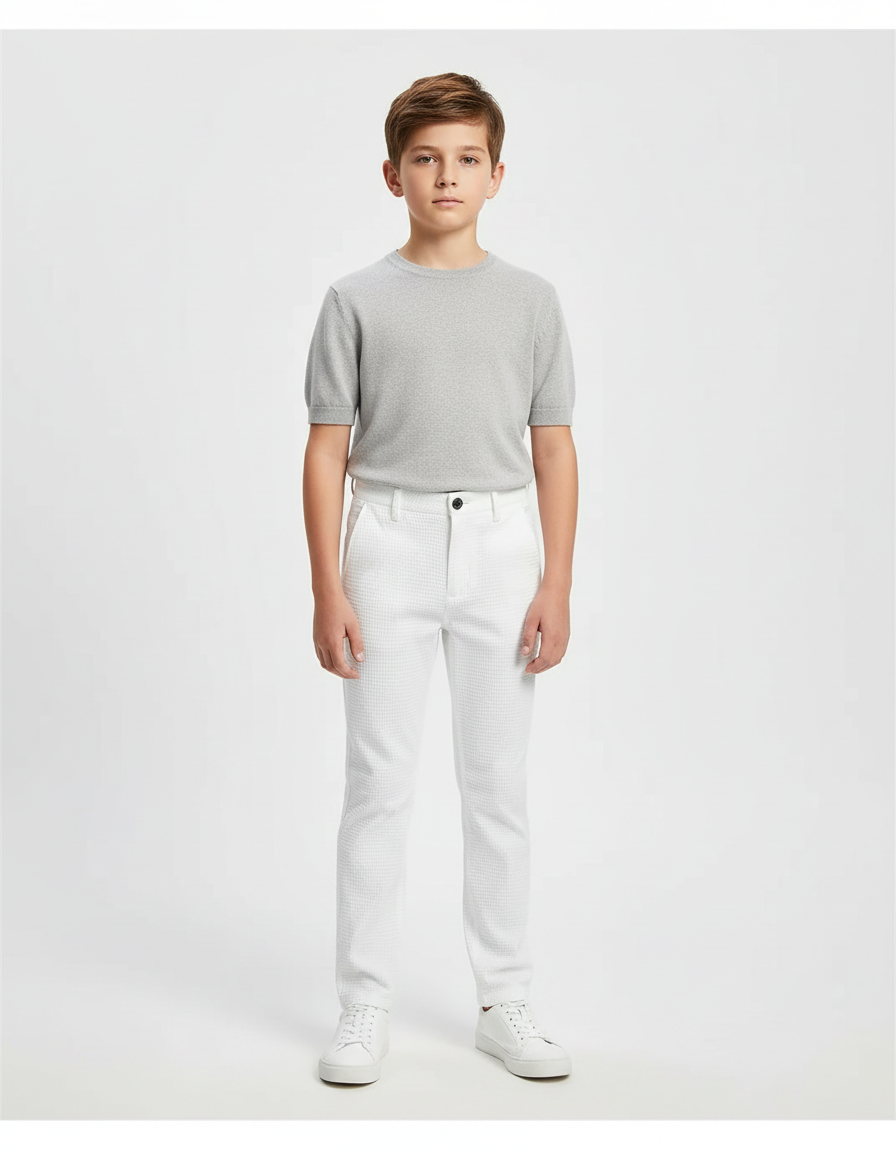 Pantalon Chino Blanc Texturé Slim Garçon Élégant - Maille