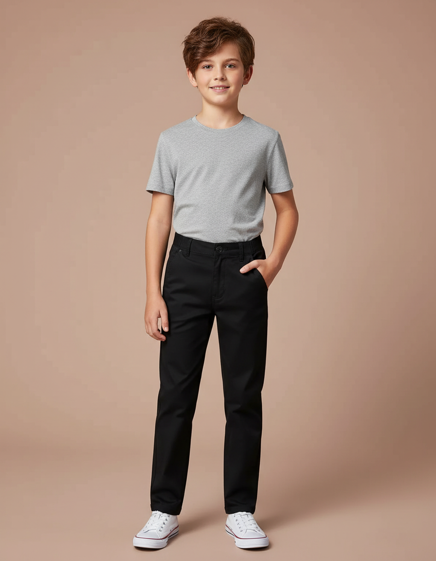 Pantalon Chino Noir Coton Slim Garçon Élégant