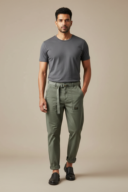 Pantalon Chino Vert Kaki Coton Décontracté Ceinturé Homme - Toile