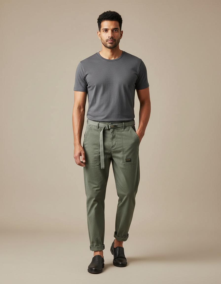 Pantalon Chino Vert Kaki Coton Décontracté Ceinturé Homme - Toile