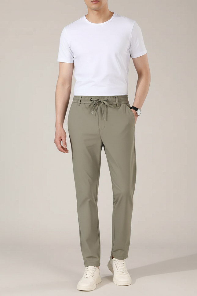 Pantalon Chino Kaki Cordon Élastique Confortable Droit - Polyester