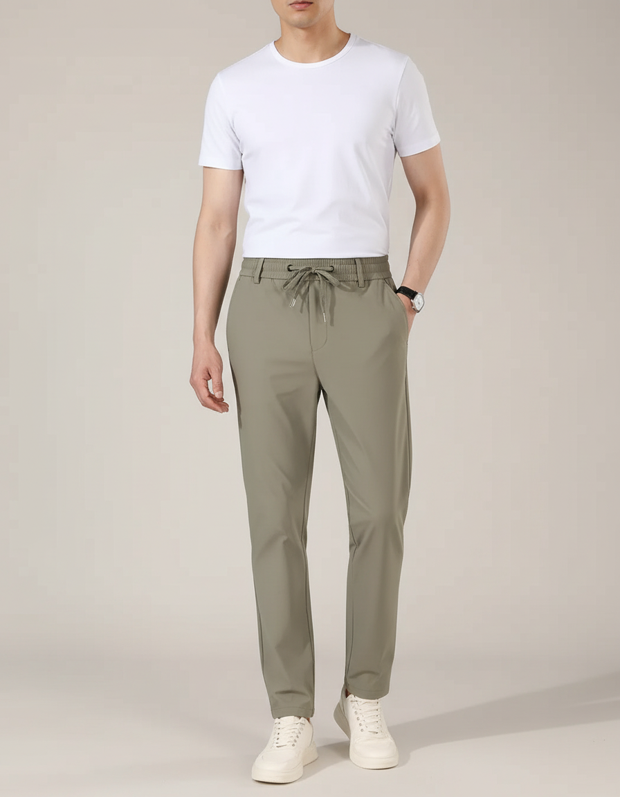 Pantalon Chino Kaki Cordon Élastique Confortable Droit - Polyester