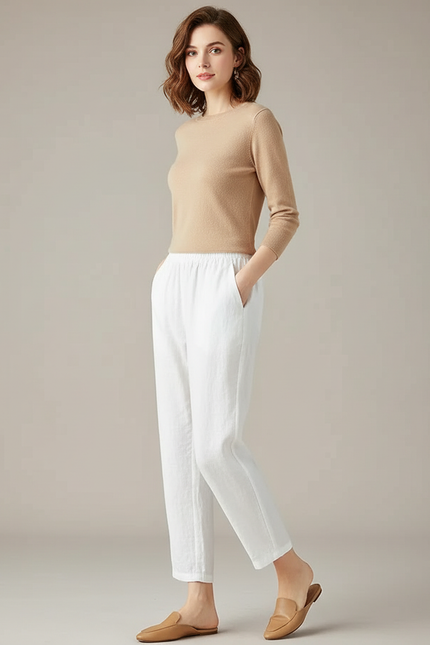 Pantalon Chino Blanc Lin Ample Décontracté Fluide