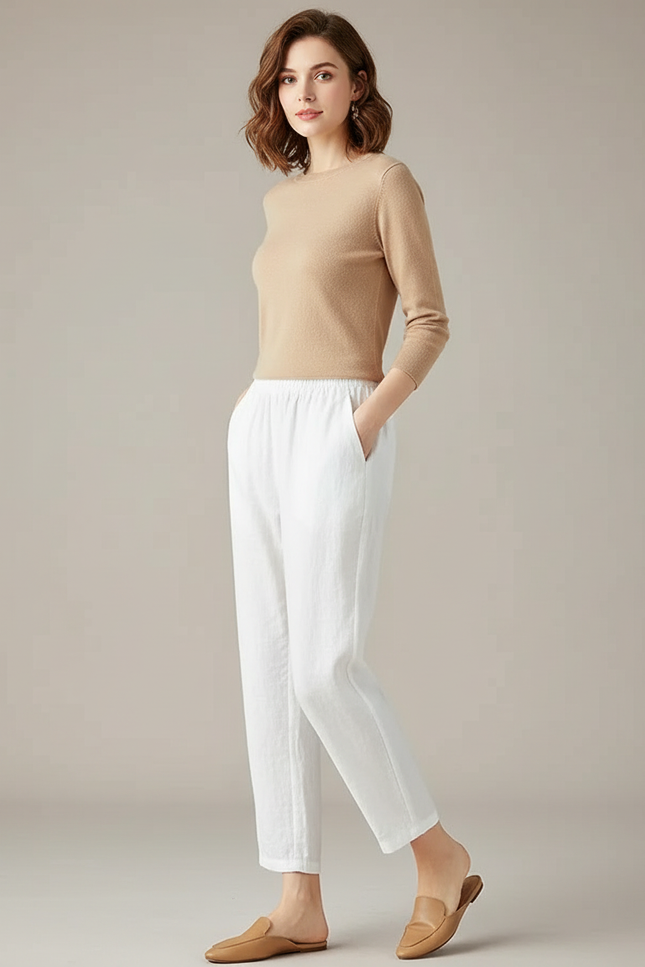 Pantalon Chino Blanc Lin Ample Décontracté Fluide