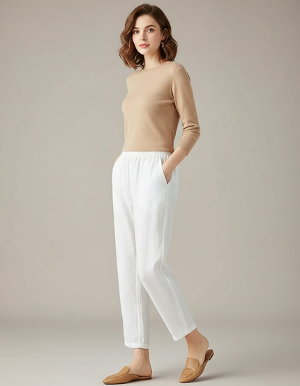 Pantalon Chino Blanc Lin Ample Décontracté Fluide