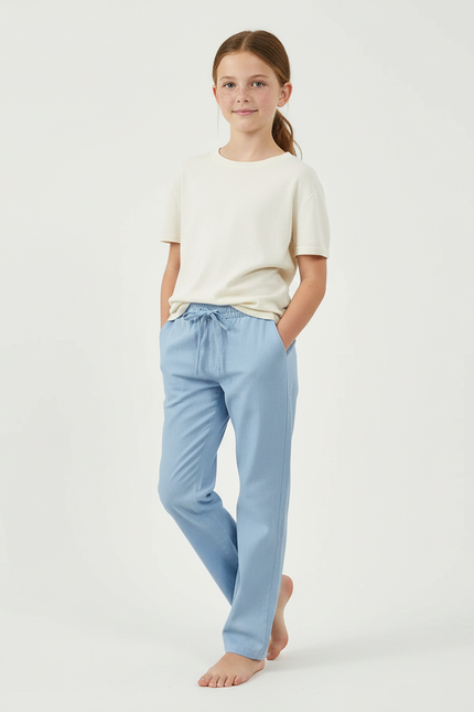 Pantalon Chino Bleu Ciel Ample Lin Enfant Décontracté