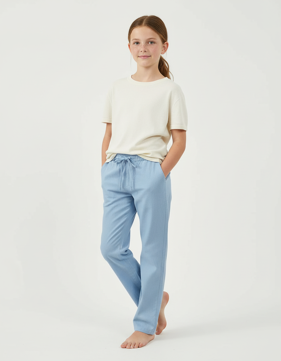Pantalon Chino Bleu Ciel Ample Lin Enfant Décontracté