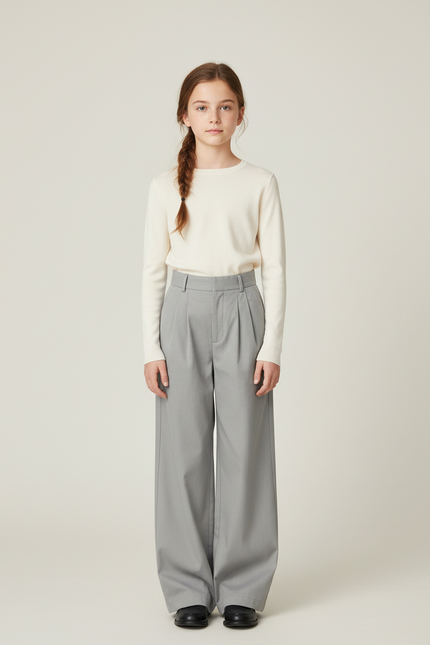 Pantalon Chino Gris Ample Plissé Décontracté Enfant - Gabardine