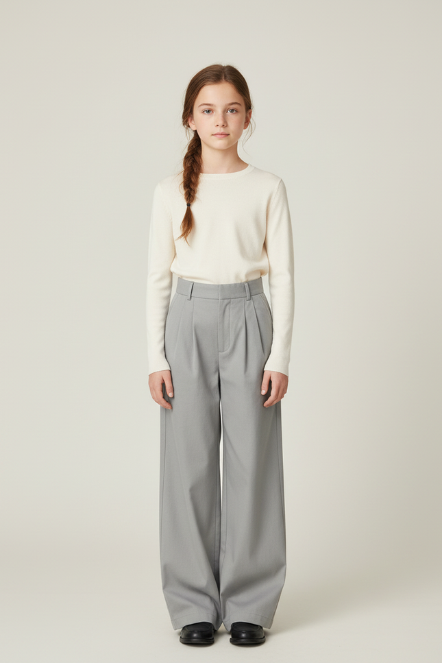 Pantalon Chino Gris Ample Plissé Décontracté Enfant - Gabardine