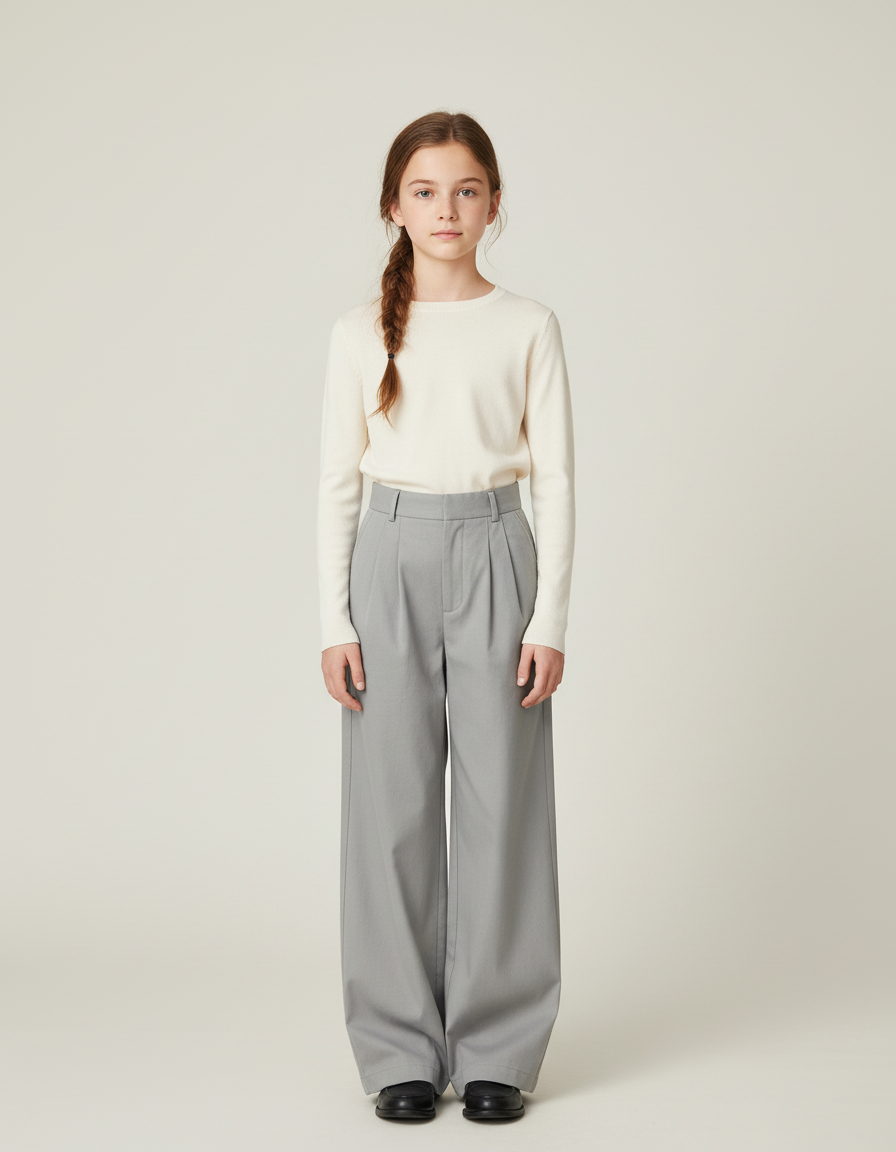 Pantalon Chino Gris Ample Plissé Décontracté Enfant - Gabardine