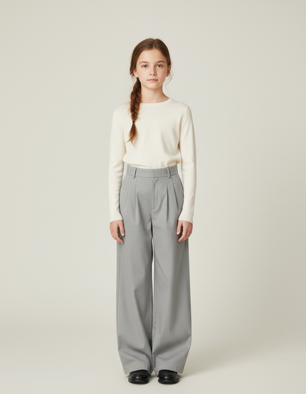 Pantalon Chino Gris Ample Plissé Décontracté Enfant - Gabardine