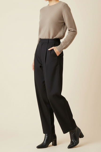 Pantalon Chino Noir Ample Plissé Taille Haute Femme - Gabardine