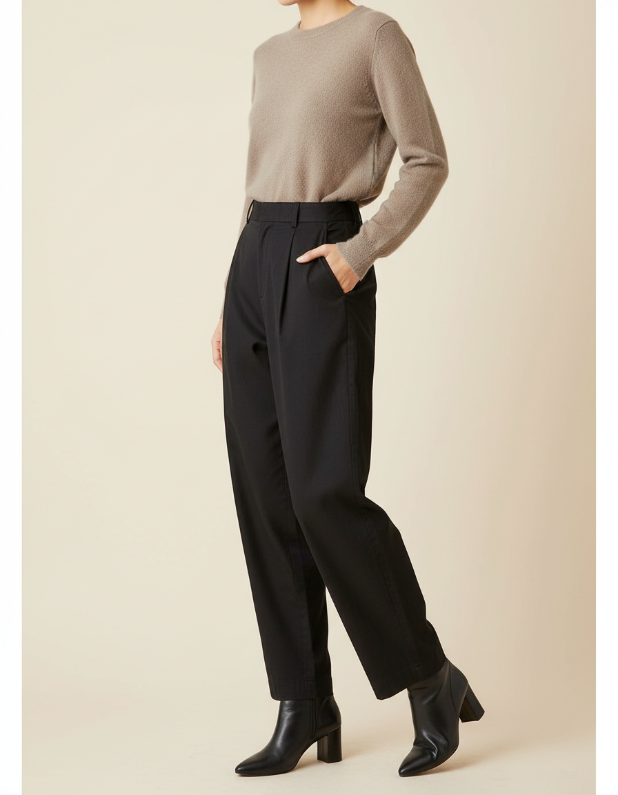 Pantalon Chino Noir Ample Plissé Taille Haute Femme - Gabardine