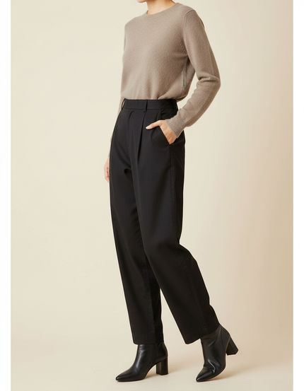 Pantalon Chino Noir Ample Plissé Taille Haute Femme - Gabardine