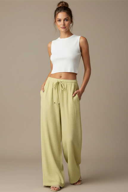 Pantalon Chino Vert Ample Texturé Décontracté Femme - Coton