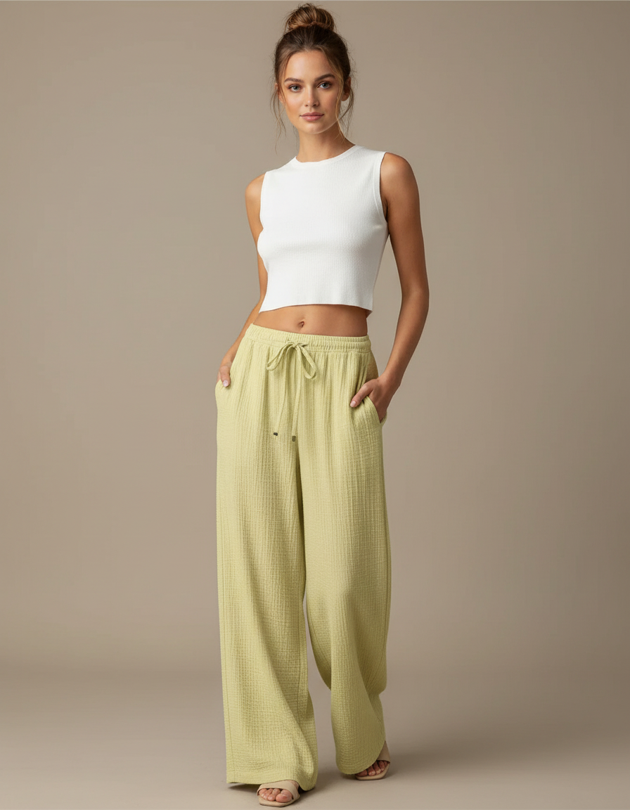 Pantalon Chino Vert Ample Texturé Décontracté Femme - Coton