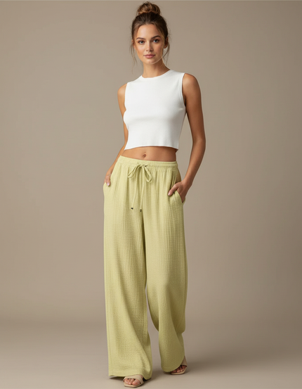 Pantalon Chino Vert Ample Texturé Décontracté Femme - Coton