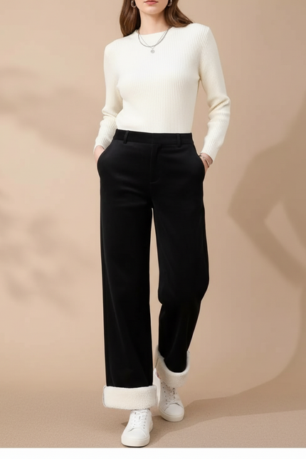 Pantalon Chino Noir Ample Doublé Polaire Femme - Velours