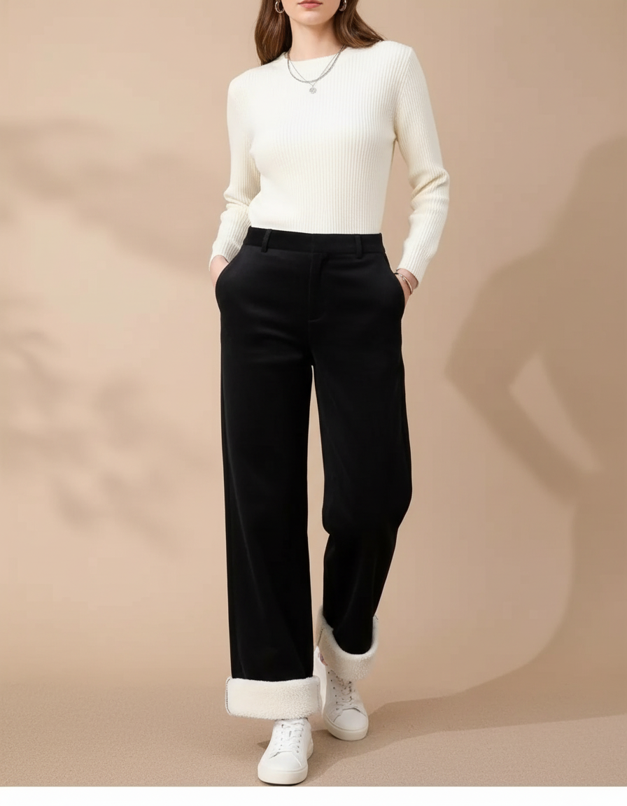 Pantalon Chino Noir Ample Doublé Polaire Femme - Velours
