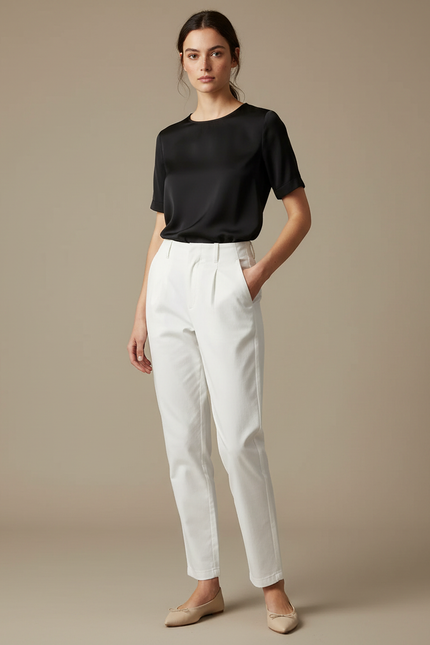 Pantalon Chino Blanc Taille Haute Plissé Élégant Femme - Gabardine
