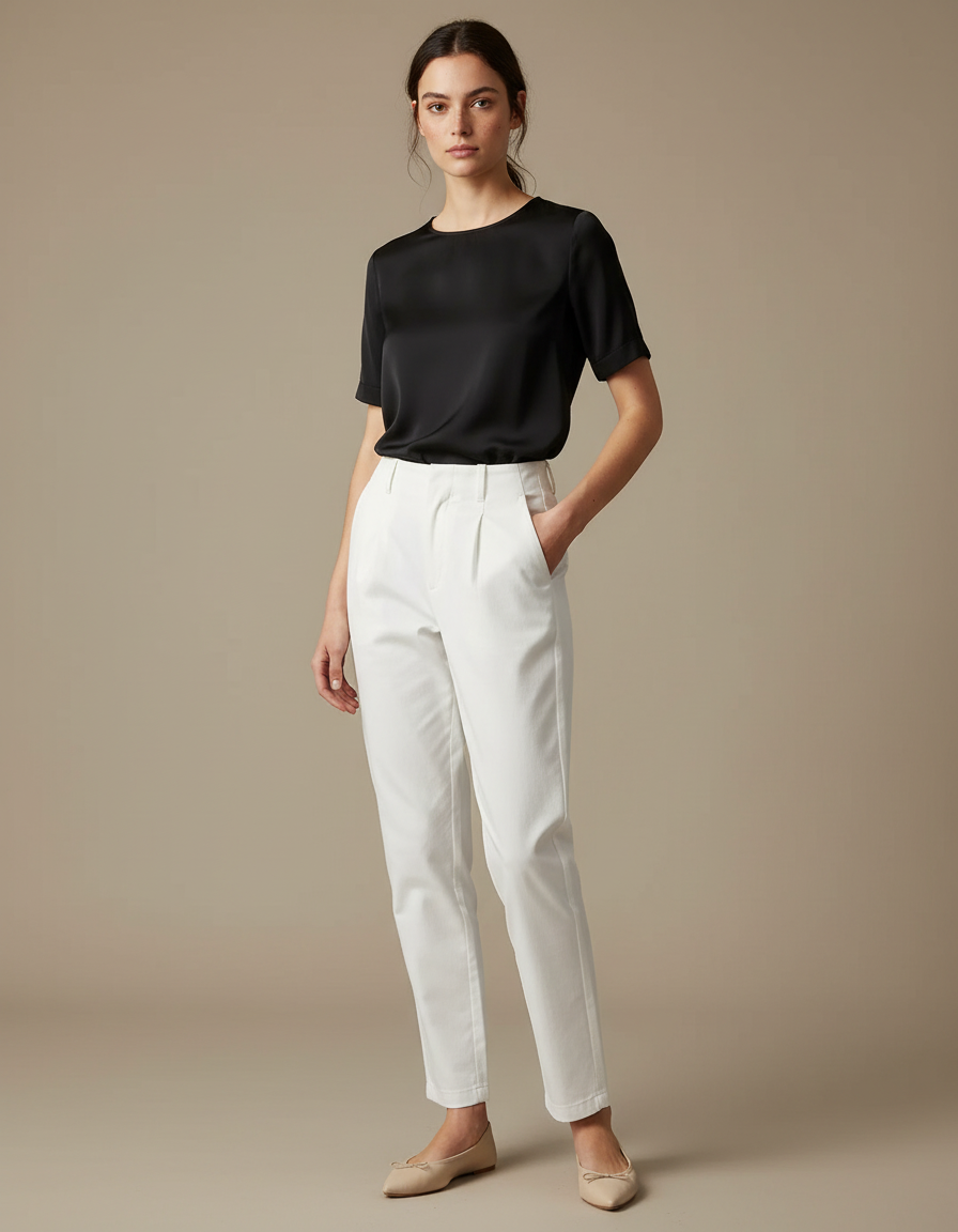 Pantalon Chino Blanc Taille Haute Plissé Élégant Femme - Gabardine