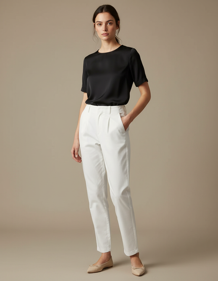 Pantalon Chino Blanc Taille Haute Plissé Élégant Femme - Gabardine