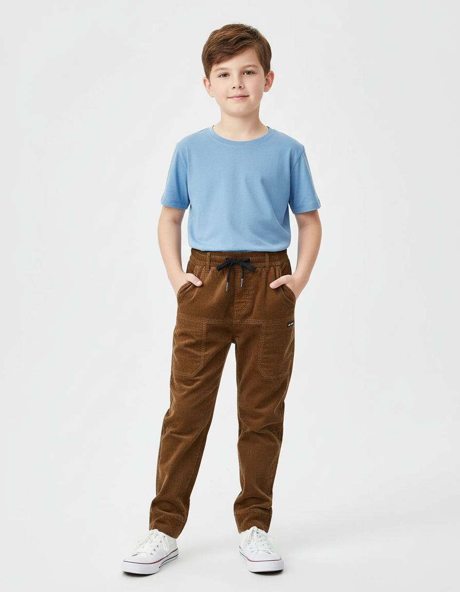 Pantalon Chino Marron Côtelé Ample Enfant Décontracté - Cordé