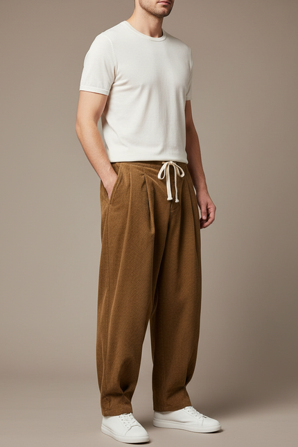 Pantalon Chino Marron Côtelé Ample Cordon Homme - Cordé