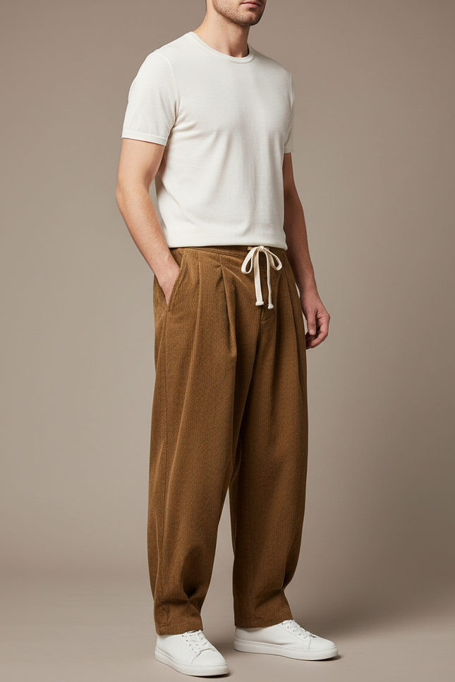 Pantalon Chino Marron Côtelé Ample Cordon Homme - Cordé