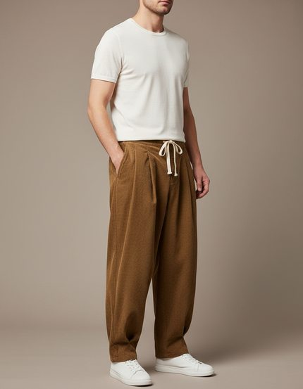 Pantalon Chino Marron Côtelé Ample Cordon Homme - Cordé
