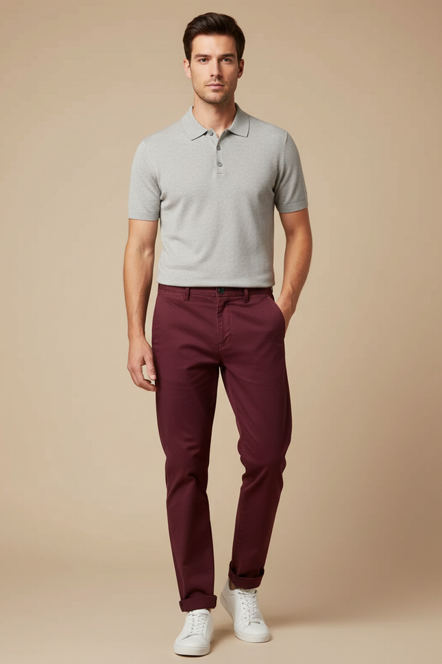 Pantalon Chino Bordeaux Coton Droit Décontracté Homme