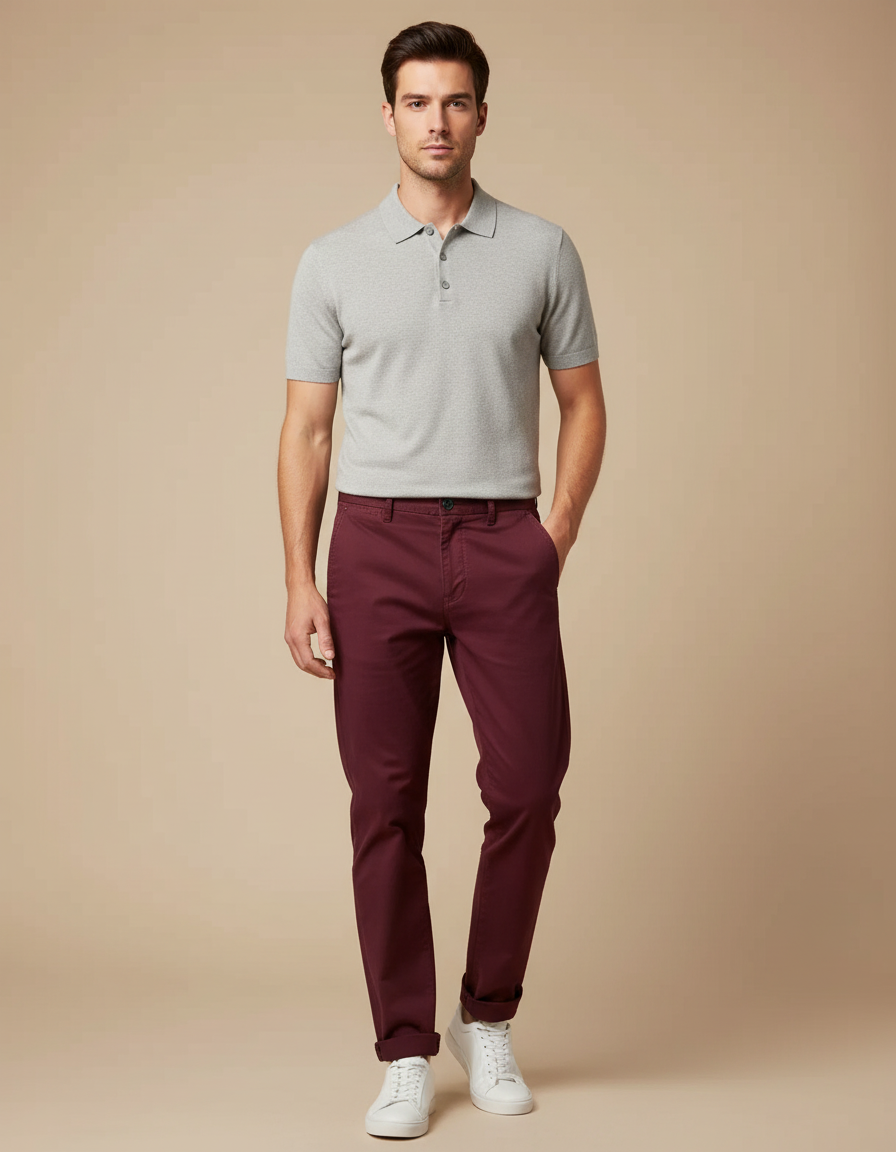 Pantalon Chino Bordeaux Coton Droit Décontracté Homme