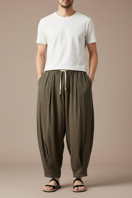 Pantalon Chino Vert Ample Coton Plissé Homme Décontracté - Kaki