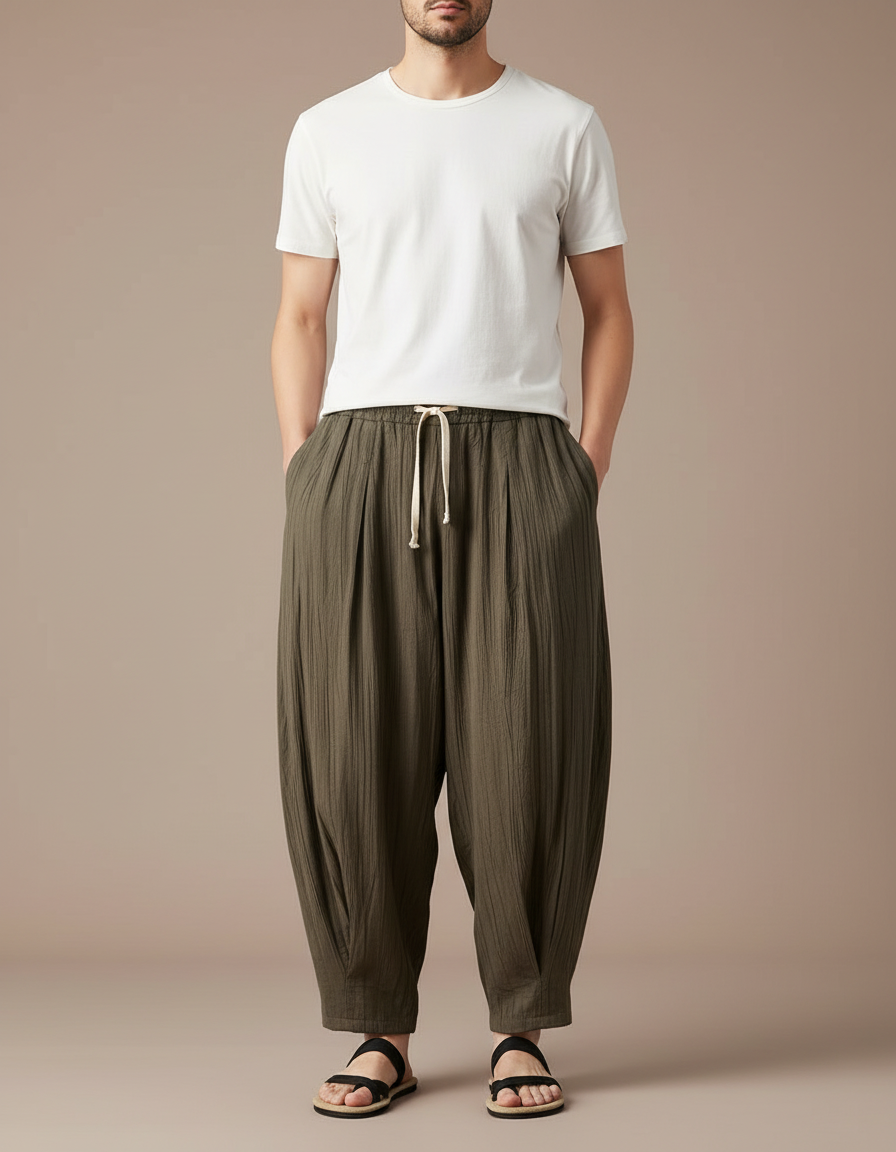 Pantalon Chino Vert Ample Coton Plissé Homme Décontracté - Kaki