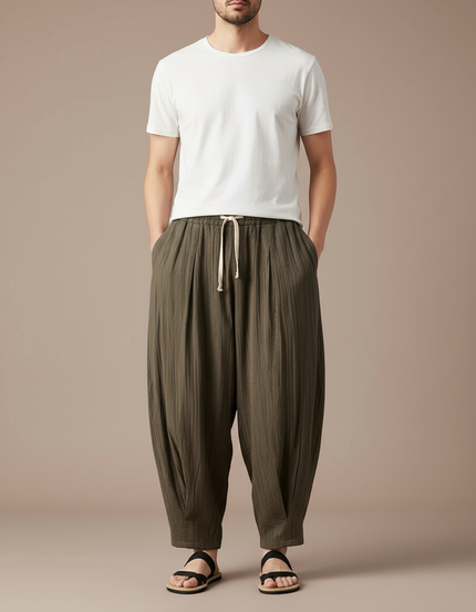 Pantalon Chino Vert Ample Coton Plissé Homme Décontracté - Kaki