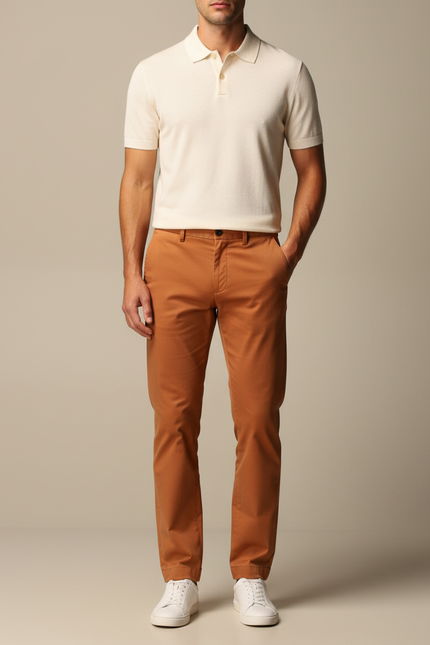 Pantalon Chino Marron Coton Droit Homme Décontracté