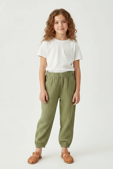 Pantalon Chino Vert Olive Coton Texturé Ample Enfant