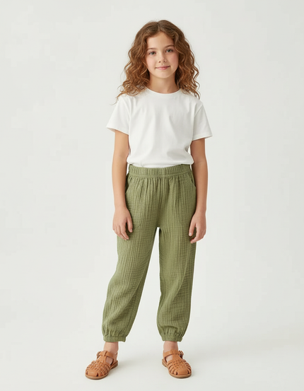 Pantalon Chino Vert Olive Coton Texturé Ample Enfant