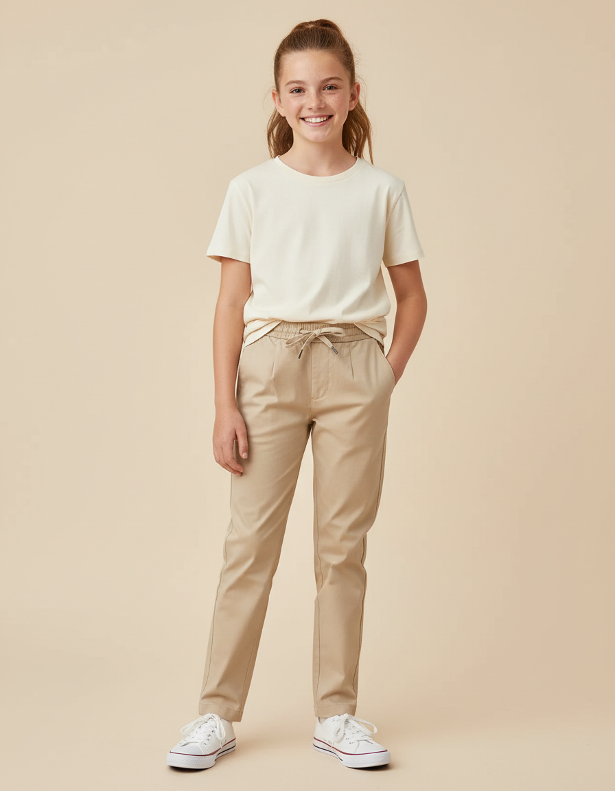 Pantalon Chino Beige Coton Décontracté Enfant Fille - Gabardine