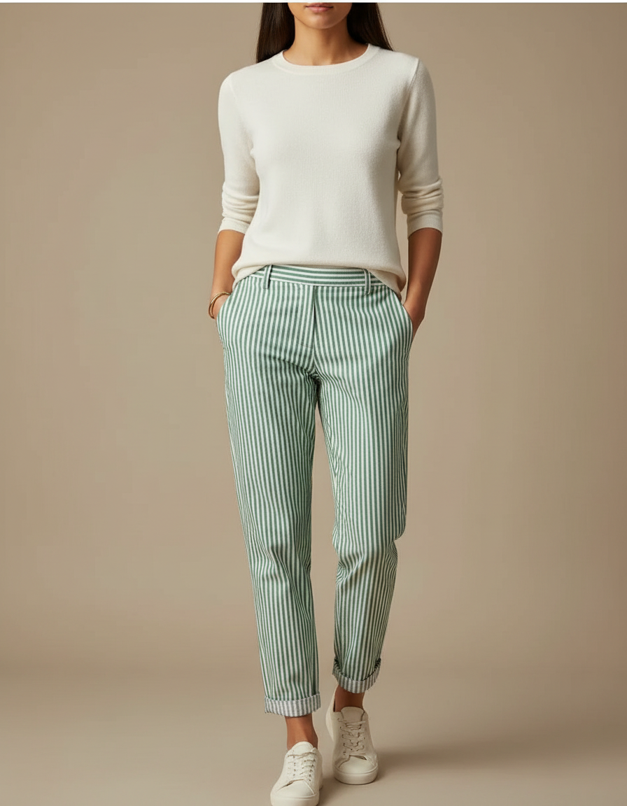 Pantalon Chino Rayé Vert Blanc Ample Coton - Multicolore