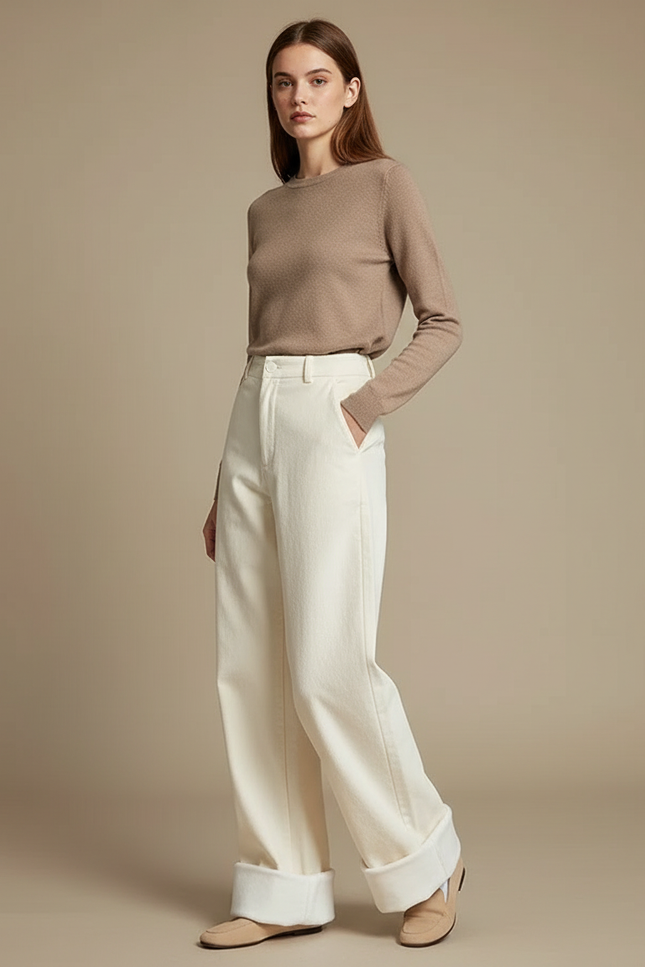 Pantalon Chino Écru Ample Droit Doublé Polaire Femme - Beige Gabardine