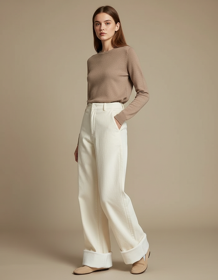 Pantalon Chino Écru Ample Droit Doublé Polaire Femme - Beige Gabardine