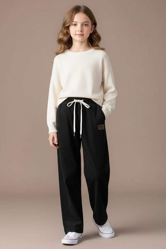 Pantalon Chino Noir Côtelé Droit Décontracté Fille - Cordé