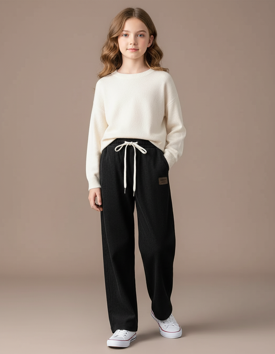 Pantalon Chino Noir Côtelé Droit Décontracté Fille - Cordé